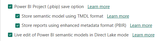 The required preview features in desktop